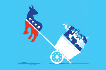 A stylized illustration shows the Democratic donkey pulling a cart filled with cheering people, symbolizing political momentum against a light blue background.